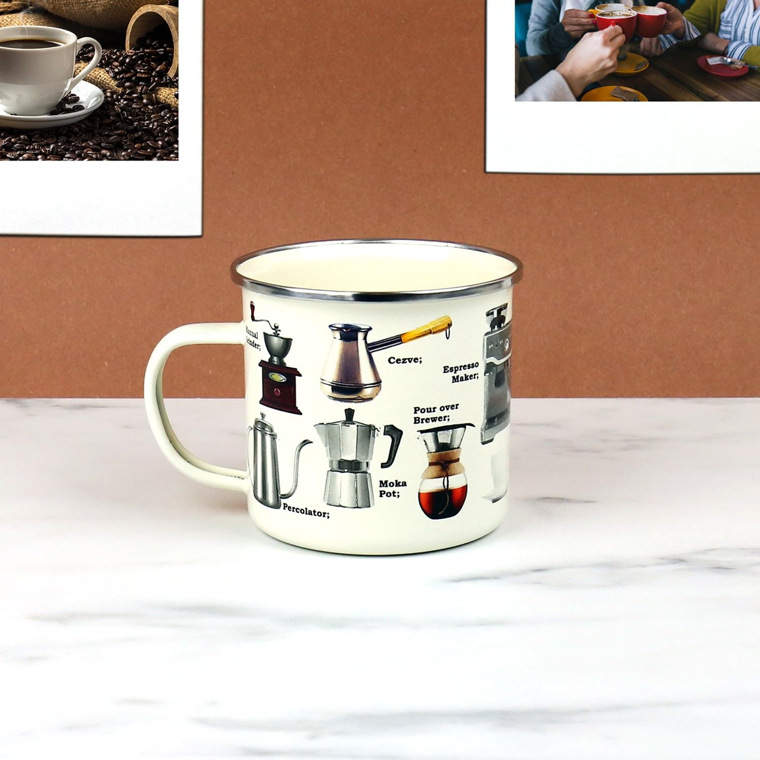 Gift Republic Coffee Enamel Mug, Outdoor Camping Coffee Cup, 500 ml Metal Cup, Unique Cafe Designs