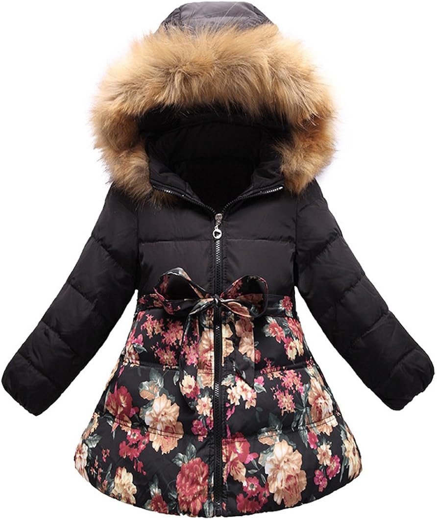 SS&CC Girls' Long Flower Printing Bowknot Winter Hooded Down Jacket: Clothing