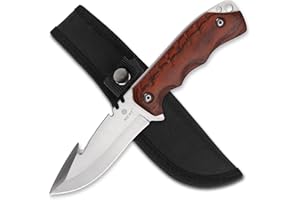 REAT Gut Hook Fixed Blade Knife with Sheath,8 inch 440C Stainless Steel Blade with Wood Handle,Bushcraft Knife for Camping,Hunting,Survival
