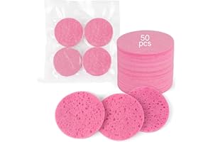 HUAXIN BIOTECHNOLOGY 50-Count Compressed Facial Sponges,100% Natural Cellulose Cosmetic Make Up Sponges for Face Daily Facial Cleansing,Exfoliating,Makeup Removal(Pink)