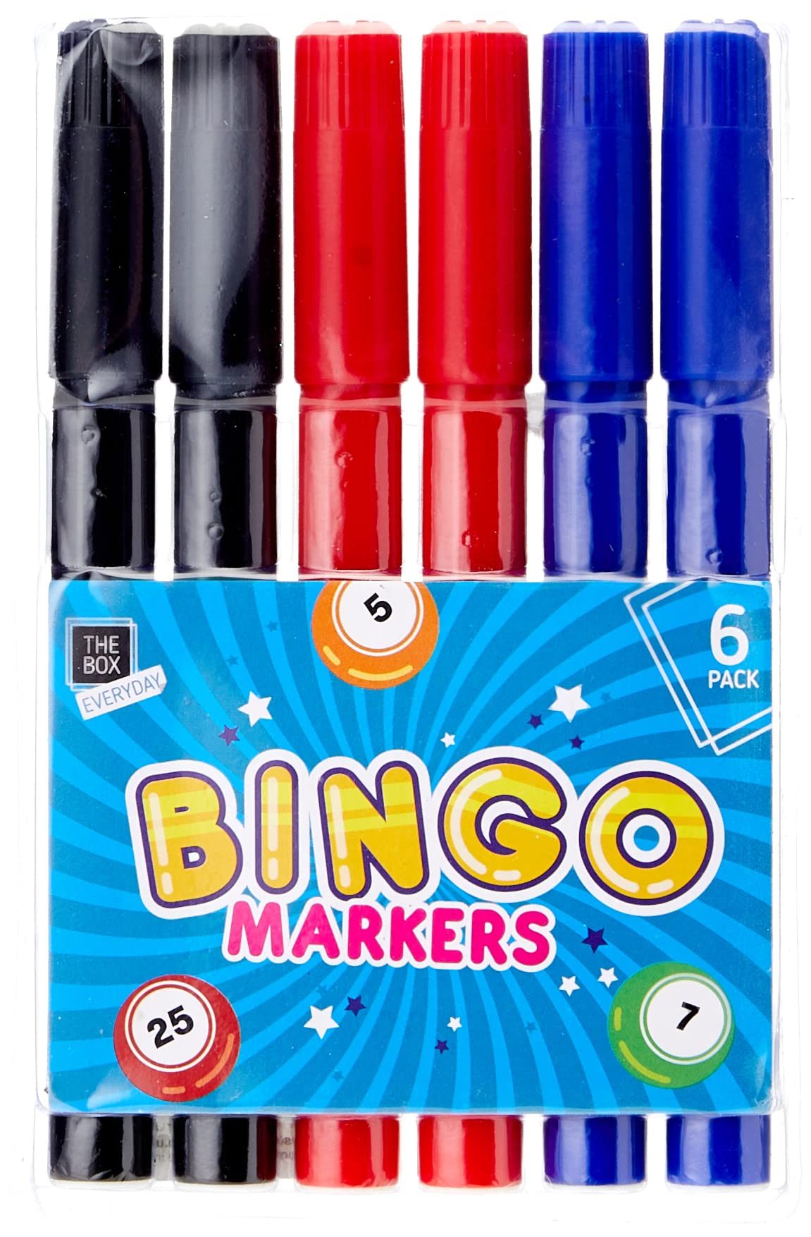THE BOX EVERYDAY Lucky Bingo Plastic Markers (14cm x 1.5cm) Pack of 6 - Assorted Colors (Red, Blue, Black), Perfect for Bingo Nights, Games, & More