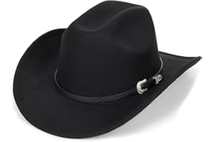 Classic Black Western Felt Roll Up Brim Cowboy and Cowgirl Hat for Women and Men - Decoration with Western Belt Bukle