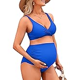 Charmo High Waisted Maternity Swimsuit Bikini Set V Neck Pregnancy Bathing Suits Push Up Two Piece Swimwear