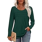 Anyhold Womens Fall Long Sleeve Tunics Tops Dressy Casual Pleated Blouses Trendy Crew Neck Shirts