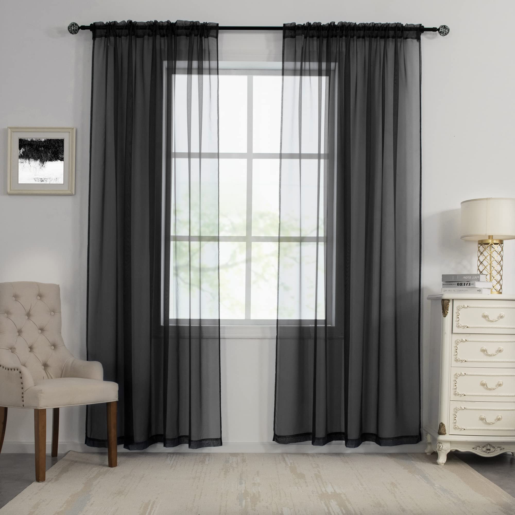 HUTO Black Sheer Curtains 84 Inches Long for Living Room Rod Pocket Voile Window Drapes for Bedroom,2 Panels