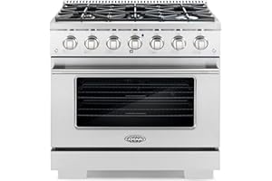 COSMO GRP366 36 in. Freestanding Gas Range with 6 Sealed Burner Rangetop, Single Convection Oven, Cast Iron Grate Cooktop Wok Attachment, Metal Stove Heat Control Knobs, Stainless Steel