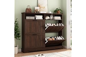 WINWY Shoe Storage Cabinet with 4 Flip Drawers, Farmhouse Modern Hidden Shoes Rack Cabinet with Adjustable Shelves & Open Storage, Narrow Slim Shoe Organizer for Front Door Entrance, Entryway, Walnut