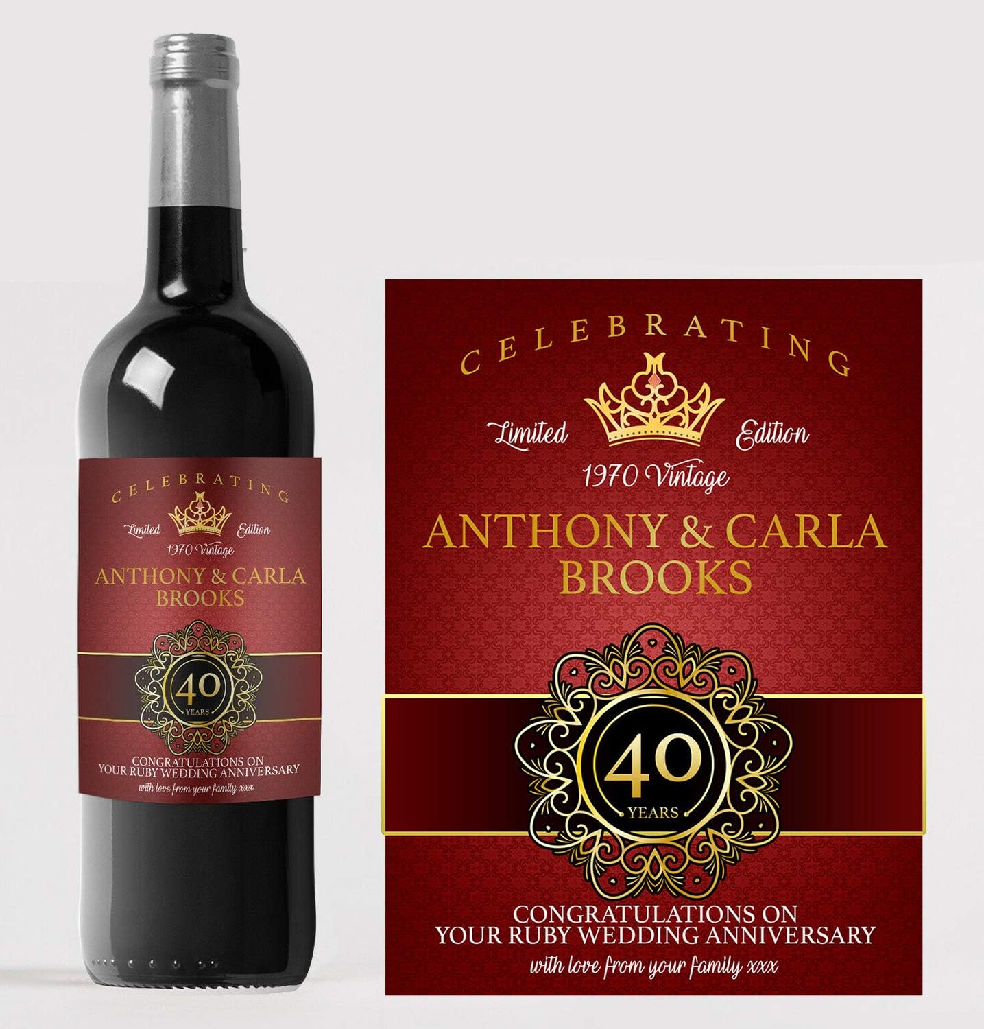 Personalised Ruby 40th Wedding Anniversary Wine Bottle Label Any Wording Amazon.co.uk