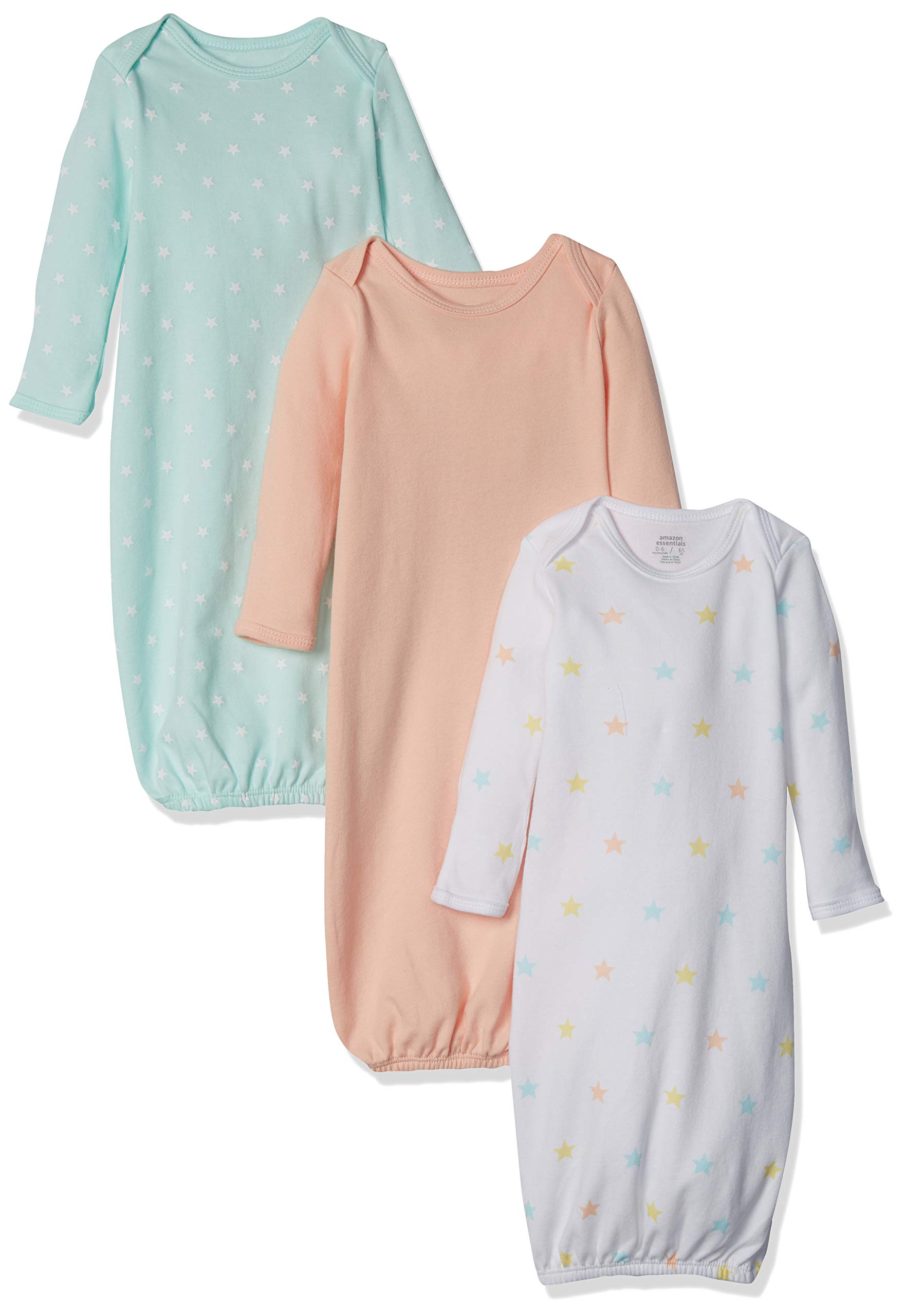 Amazon Essentials Unisex Babies' Cotton Sleeper Gowns, Pack of 3, Stars, 6 Months