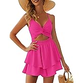 AGERWAY Women's Jumpsuit Sexy V Neck Twist Spaghetti Straps Double Layer Ruffle Hem Mini Short Romper