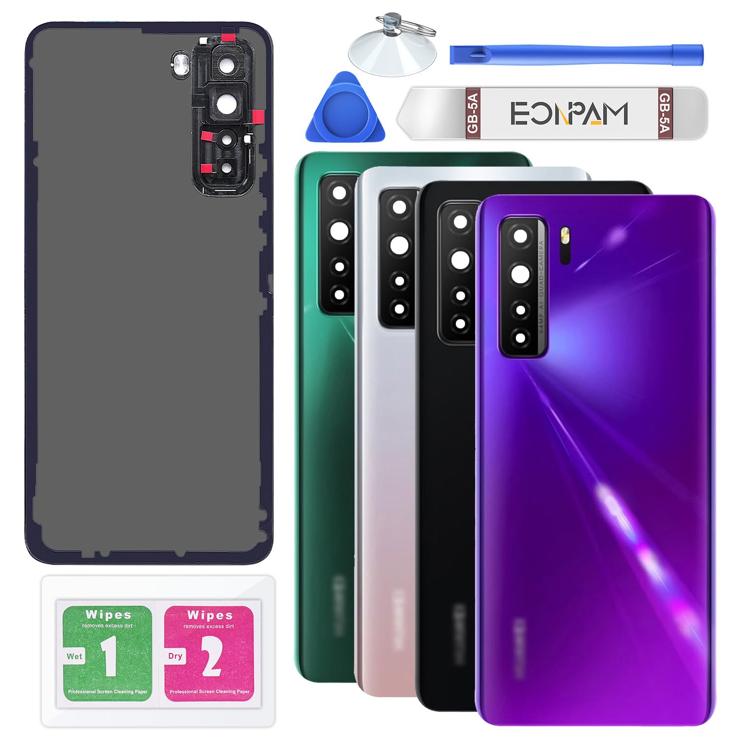 Eonpam Back Cover Glass for Huawei P40 Lite Rear Glass Replacement with Camera Lens + Repair Kit Genuine Rear Housing（Purple）