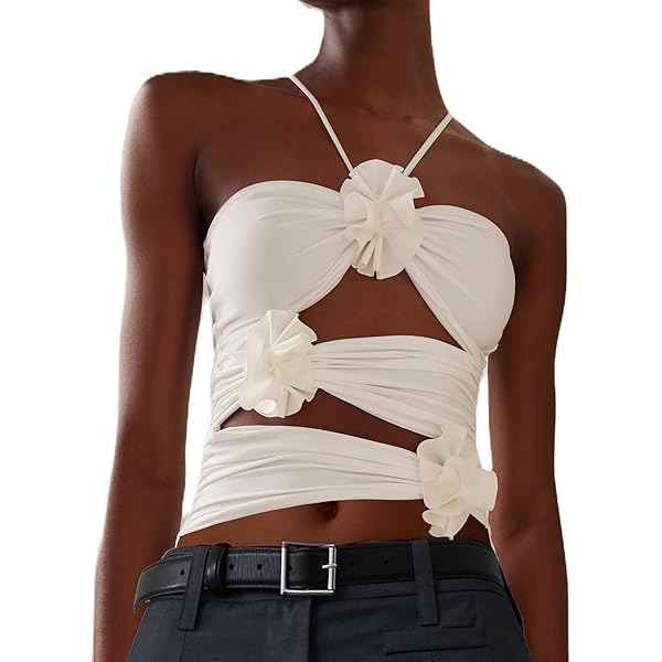 Sexy Tank Top for Women 3D Floral Tassels Ruffle Crop Top Y2K Slim