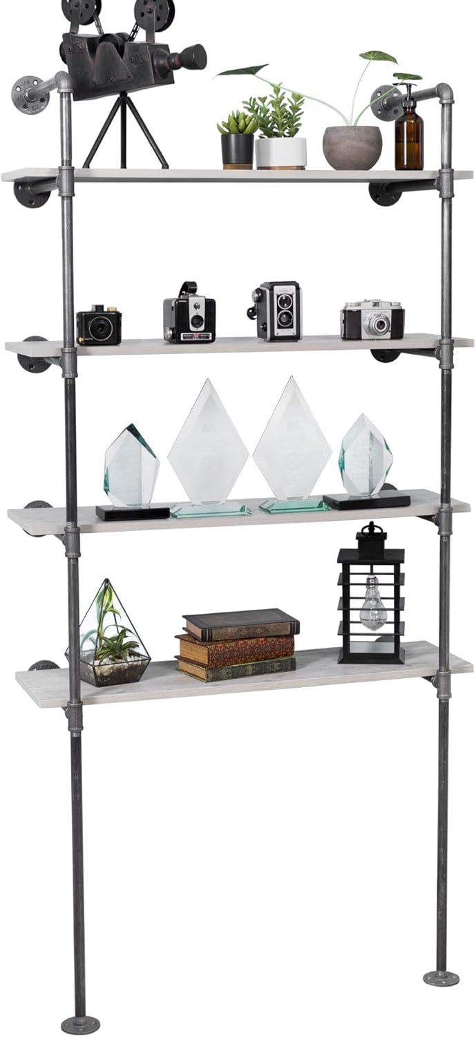 Pipe Decor 4 Tier Industrial Shelves, Vintage Iron DIY Shelving Unit, Rustic Floor or Wall Mounted Hanging Bookshelf, Perfect for Garage or Kitchen Storage, Heavy Duty Black Metal Rack Four Shelf Kit