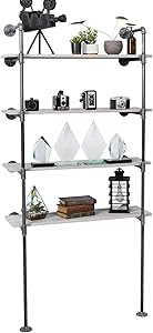 Pipe Decor 4 Tier Industrial Shelves, Vintage Iron DIY Shelving Unit, Rustic Floor or Wall Mounted Hanging Bookshelf, Perfect for Garage or Kitchen Storage, Heavy Duty Black Metal Rack Four Shelf Kit