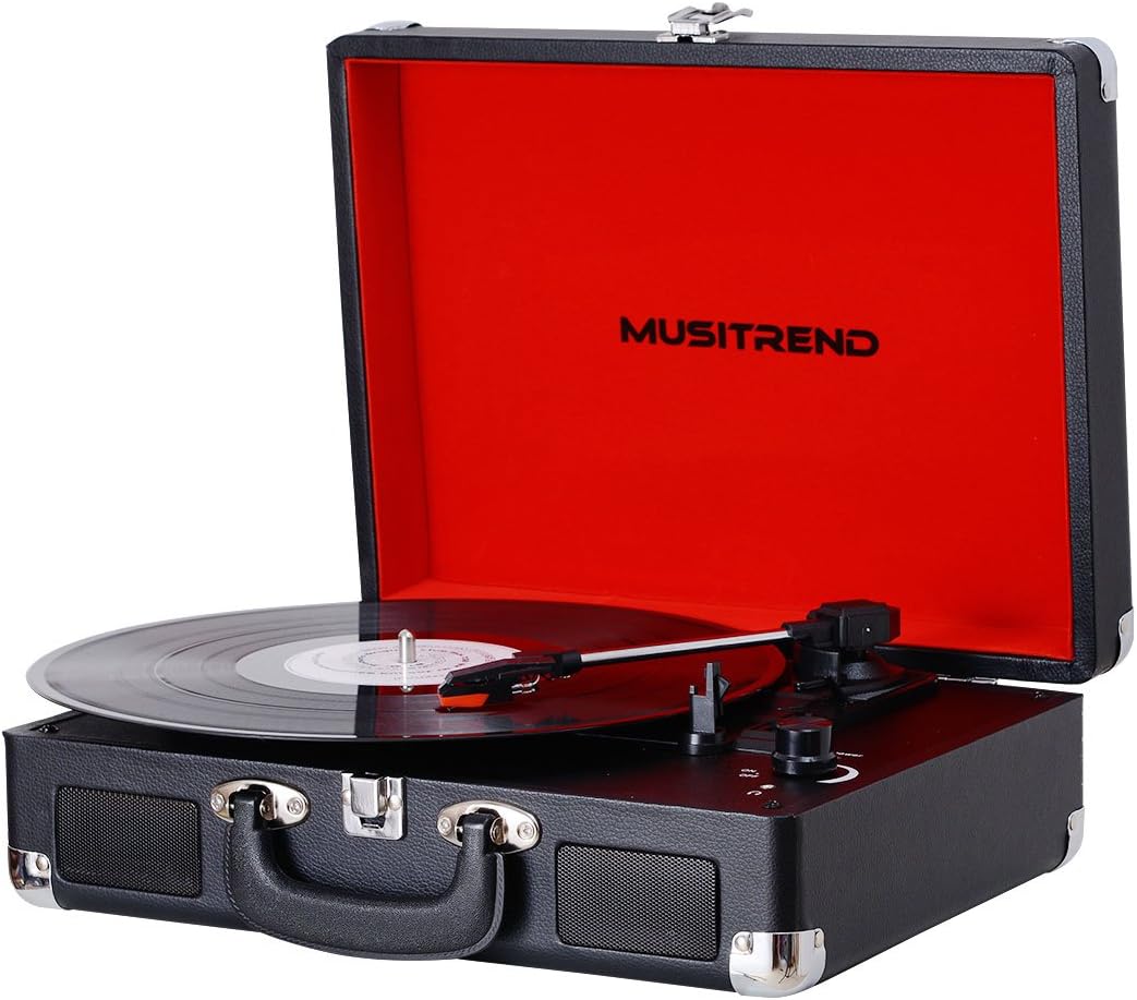 Musitrend Turntable Portable Suitcase Record Player with Built-in Speakers, PC Recorder, Headphone Jack, RCA line Out Black/Red