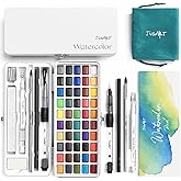 JusArt 50 Colors Watercolor Paint Set,Art Supplies with Metallic Color, Detail Painting Brushes, Water Brush Pens, Portable Travel Watercolor Painting Set for Adult, Artists, Professionals