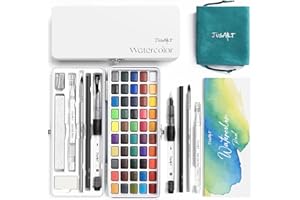 JusArt 50 Colors Watercolor Paint Set,Art Supplies with Metallic Color, Detail Painting Brushes, Water Brush Pens, Portable Travel Watercolor Painting Kit for Artists, Professionals