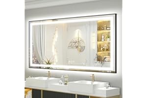 OKPAL LED Bathroom Mirror with Black Frame, 55x30 Lighted Mirrors for Bathroom Wall, Front and Backlit Bathroom Smart Mirror Dimmable, Anti-Fog, Memory, Shatterproof, ETL Listed