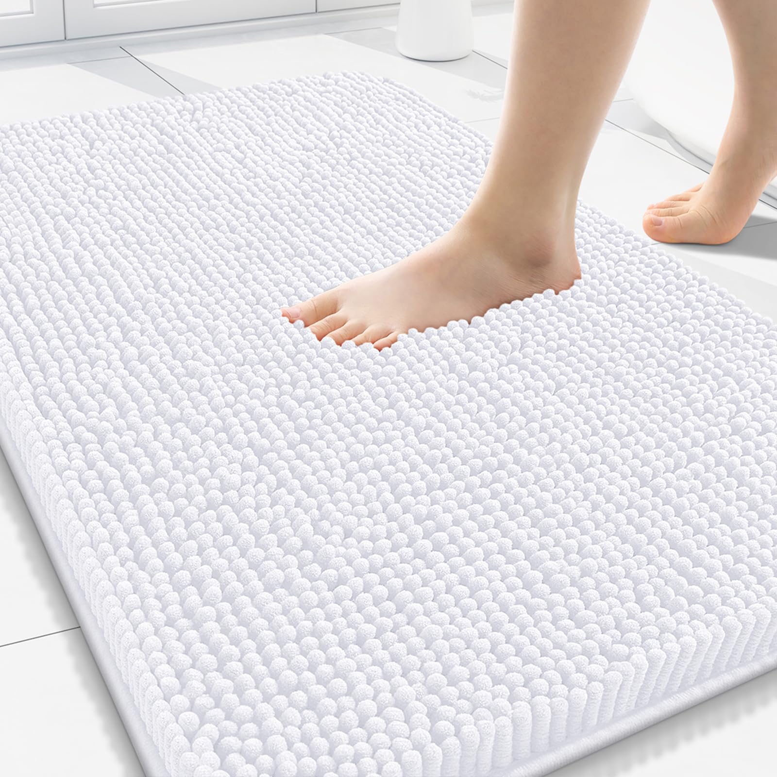 Arotive Bathroom Rugs 34x21, Extra Soft Absorbent Shaggy Chenille Bath Rugs, Machine Washable Rubber Backing Non-Slip Bath Mats for Bathroom Floor Tub and Shower, Home Decor Accessories, White Image