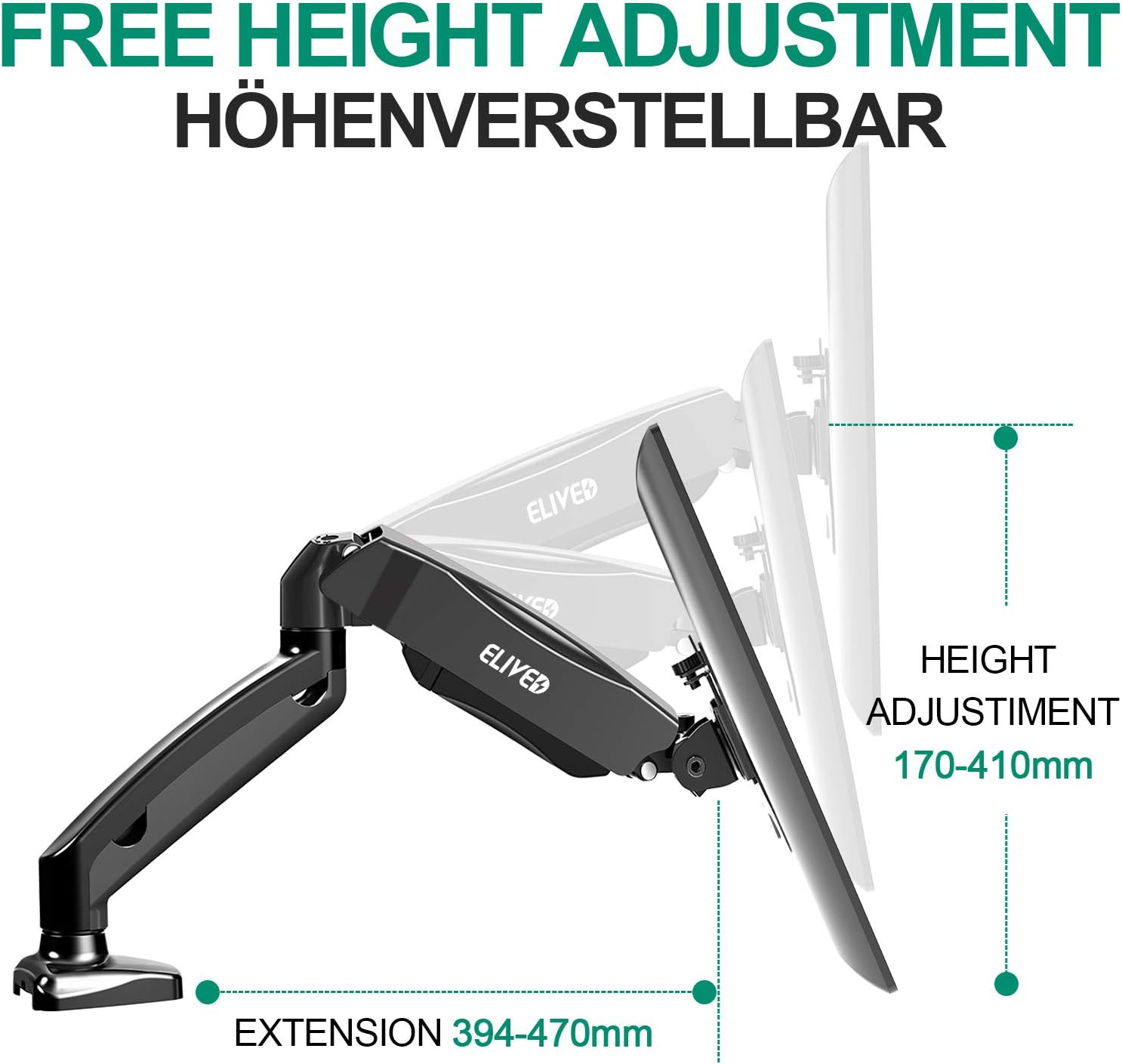 ELIVED Single Monitor Arm for Most 13-32 Inch Monitors with VESA 75x75/100x100mm up to 10KG - Image 3