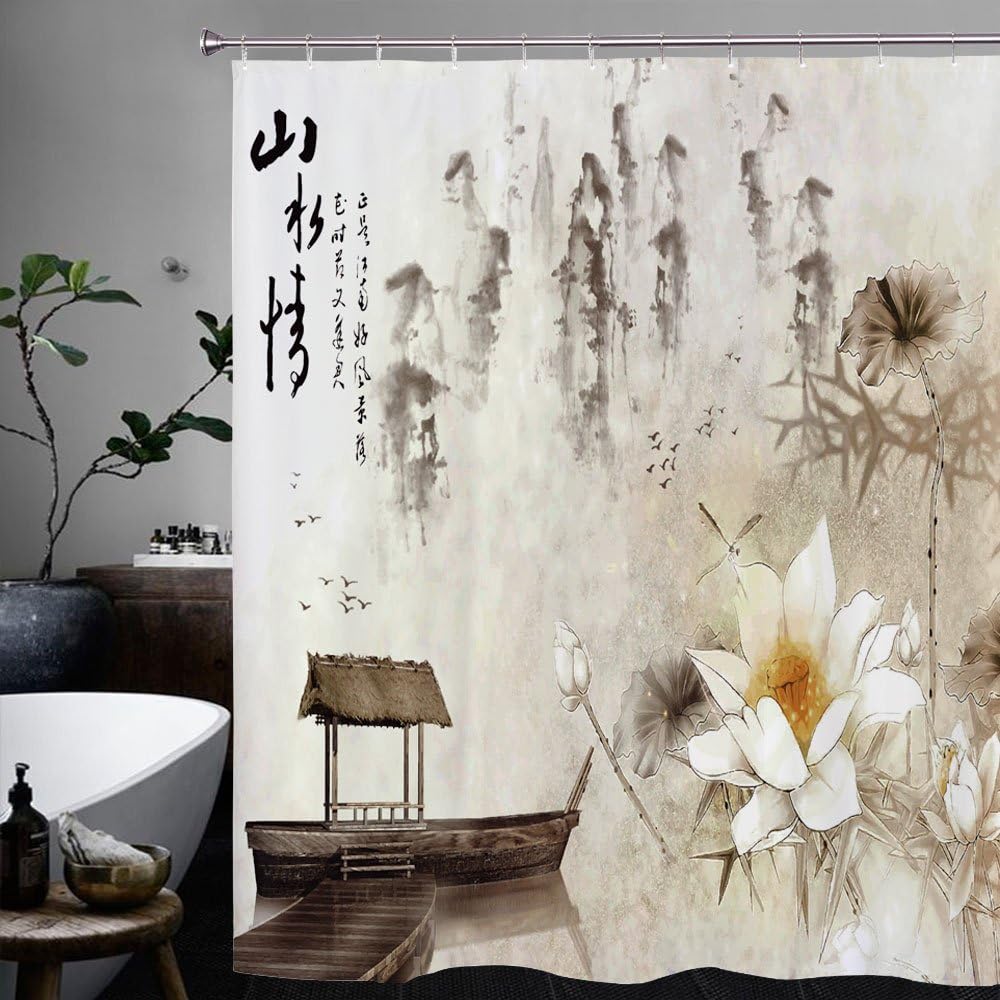 QIHUA Printing Lotus Flower Shower Curtain with Hooks Polyester Fabric Shower Curtain 72x72 Inches