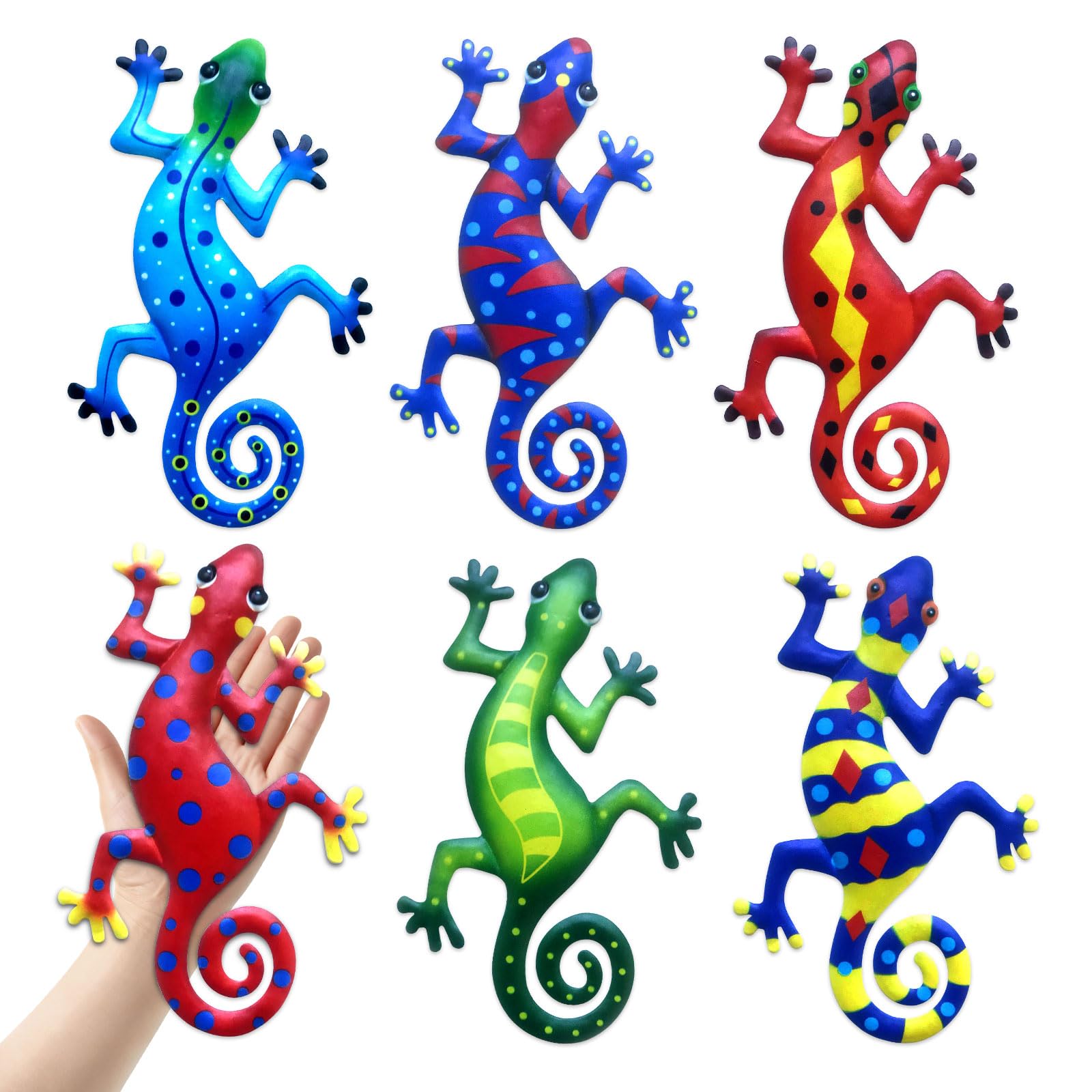 Linkstyle Metal Gecko Garden Ornaments Outdoor, 6PCS Large Gecko Wall Art Decor, Wall Sculptures Ornaments Hanging for Fences Yard Balcony Porch Patio