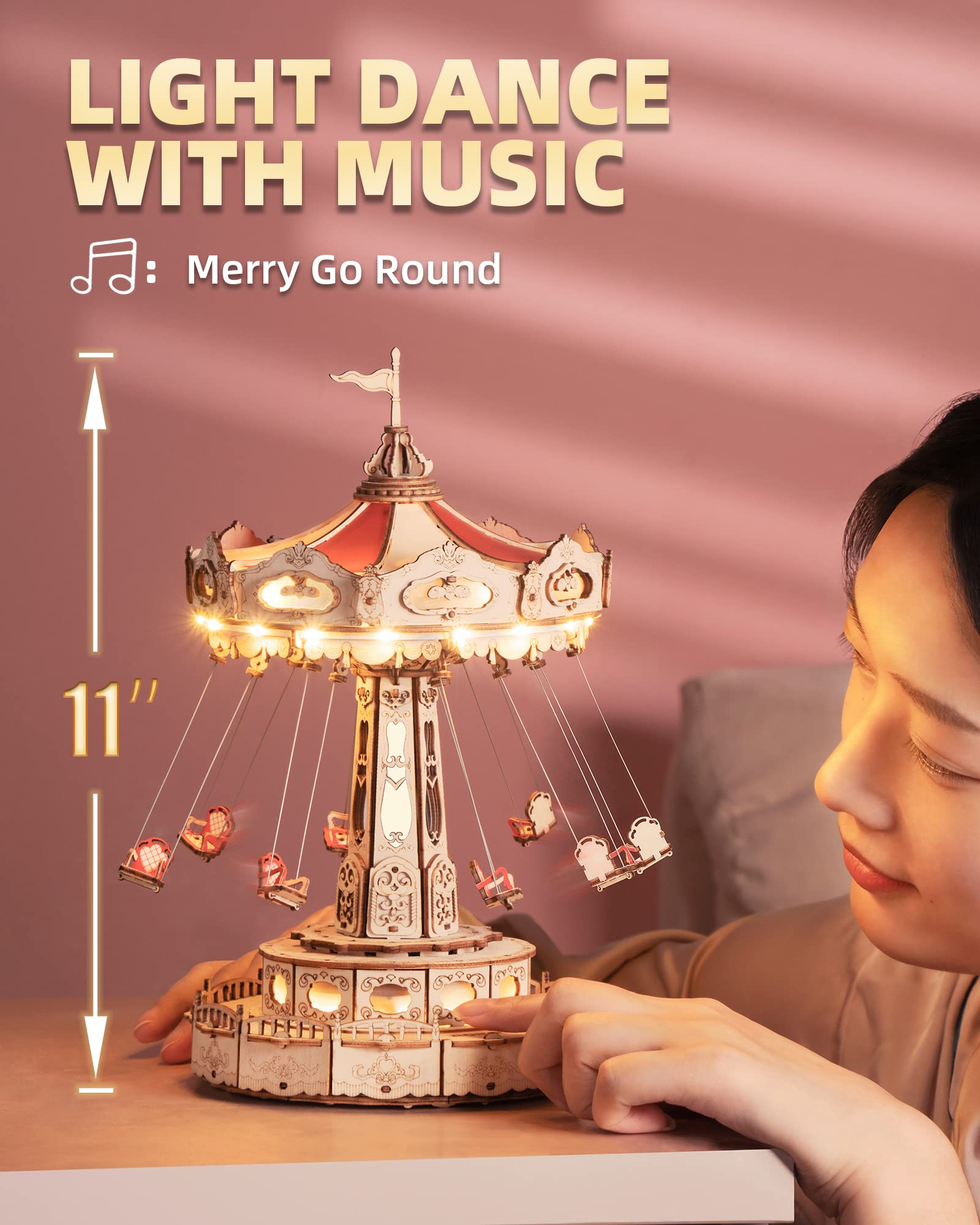 ROKR 3D Puzzles for Adults-Projects for Teens-LED Swing Ride Model Building Kit-Music Box DIY Kit-Gift for Teens and Adults