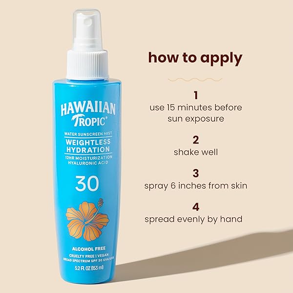 HAWAIIAN TROPIC WEIGHTLESS HYDRATION WATER MIST FOR BODY SPF 30, 5.2OZ | HAWAIIAN TROPIC BODY SPRAY SUNSCREEN MIST, WATER BASED SPF 30, NON-AEROSOL SUNSCREEN SPRAY, 5.2OZ