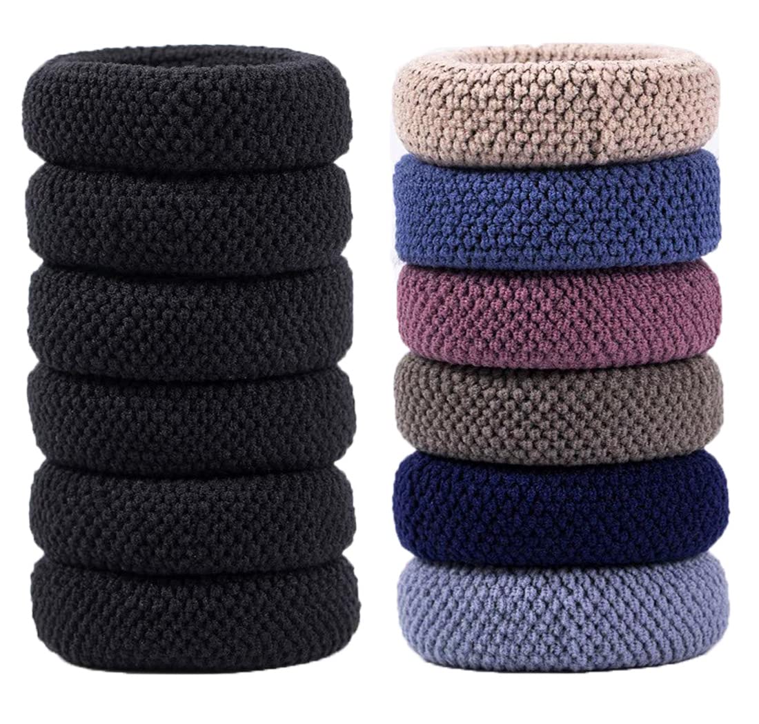 Hilmocho 12 Pieces Thick Hair Ties Hair Bands Ponytail Holder Women Girls Seamless No Crease Stretchy Hair Ties for Thick Heavy and Curly Hair