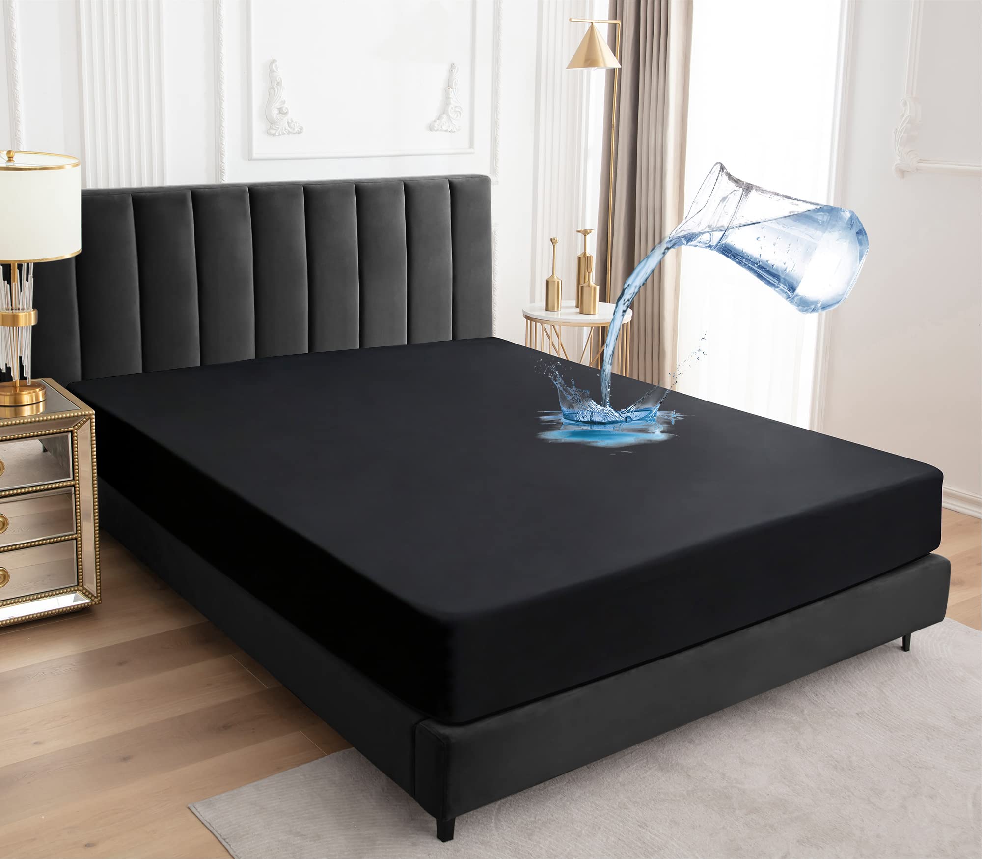 Waterproof Mattress Protector Emperor,200x200cm Mattress Cover for Bed,30cm Deep Pocket Fitted Sheet Style Mattress Protector with Elastic Rubber Band-Black