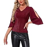 Allegra K 3/4 Sleeve Blouse for Women V Neck Glitter Sparkly Party Club Dressy Tops