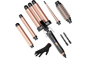 KINKED 5 in 1 Curling Iron Curling Wand, Curling Iron Set with A Thermal Brush, A 3-Barrel Hair Crimper Iron, 3 Ceramic Curling Irons (0.35 "-1.25"), 2 Temps 30S Fast Heat Hair Curler Waver with Glove & Clip