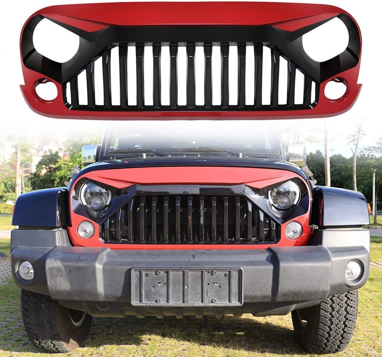 Upgraded Front Grill Grid Grille, Front Hood Bumper Grill Grille Replacement for J-eep Wrangler Rubicon Sahara Sport JK/JKU 2007-2018 2/4 Doors