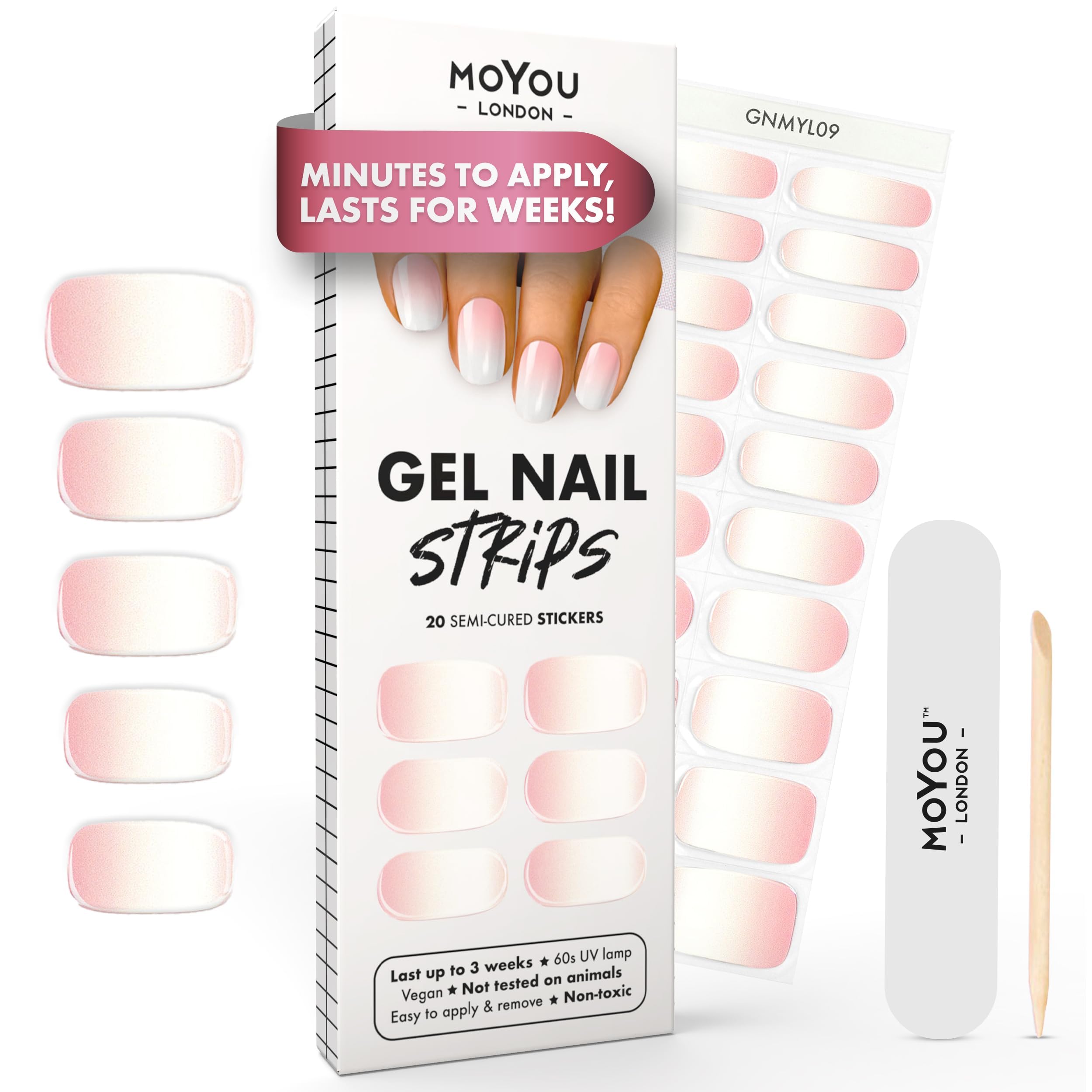 MOYOU LONDON Semi Cured Gel Nail Strips - 20 Pcs. Waterproof Gel Nail Wraps, Cures in Sunlight or UV/LED Lamp, Lasts Up to 2+ Weeks, Stretchable, Easy to Apply & Remove, Vegan & Cruelty-Free — image 1