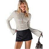WDIRARA Women's Polka Dots Crop Tops Crew Neck Long Bell Sleeve Ruched Slim Fit Tee Shirts