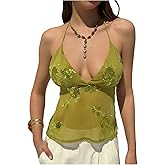 SweatyRocks Women's Halter Sequin Tops Deep V Neck Embroidery Mesh Tie Up Summer Going Out Top