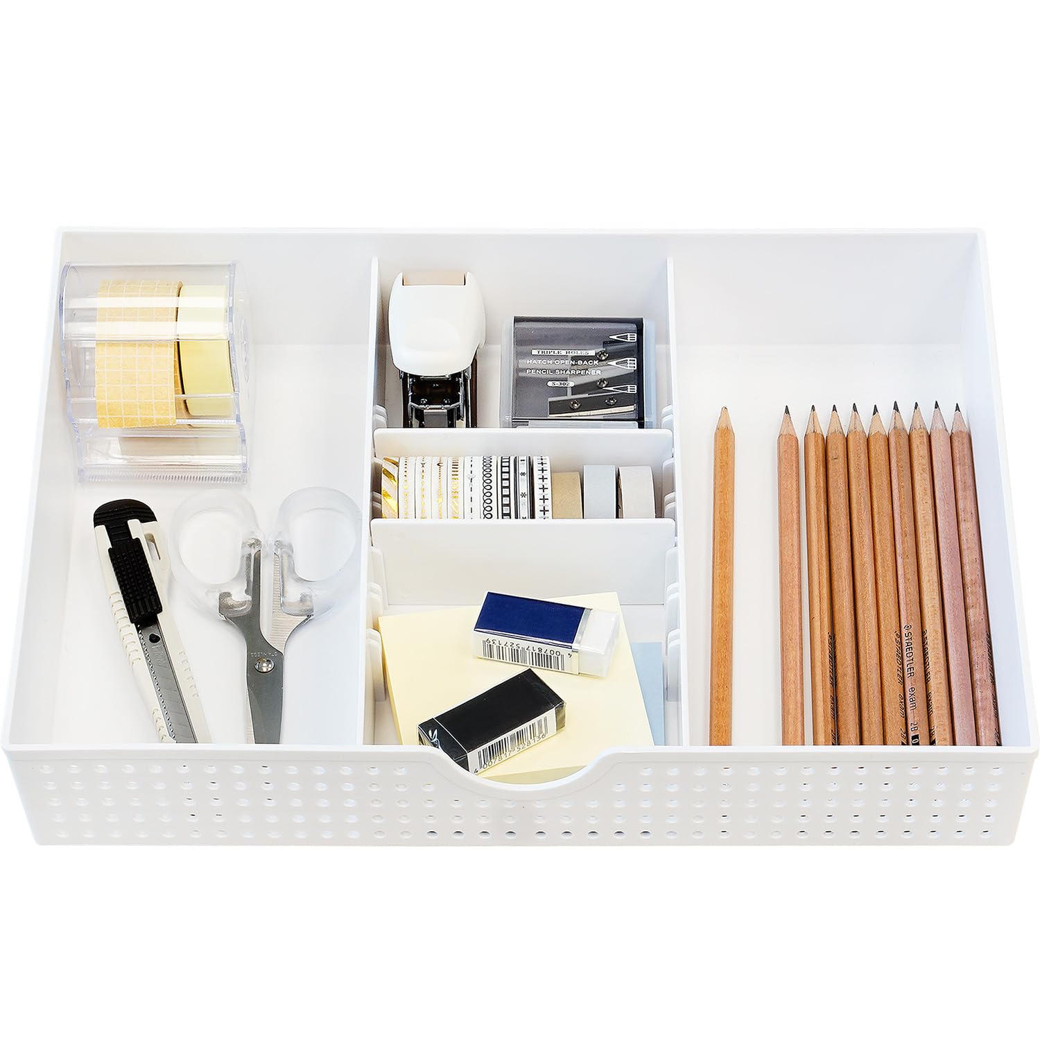 Amtido Desk Drawer Organiser Tray for Office Stationary Supplies & Accessories - Sleek 3 Compartments Stationery Organisers with 2 Adjustable Dividers - White Desk Tidy Organiser