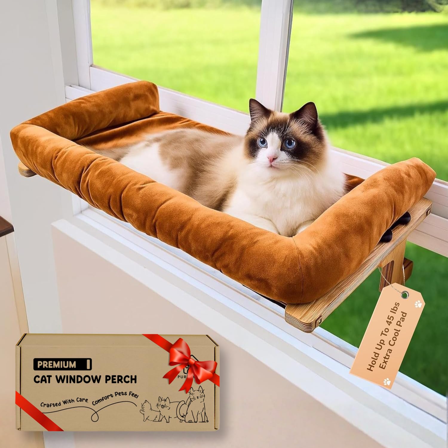 Photo 1 of [Ready to Gift] PURRHOUSE 45LBS Cat Window Perch with Bolster, Hammock Seat with Plywood & Metal Frame, Cat Bed for Windowsill, Bedside and Cabinet (Natural Wood & Brown Cushion, 24.8''W x 9.4''H)