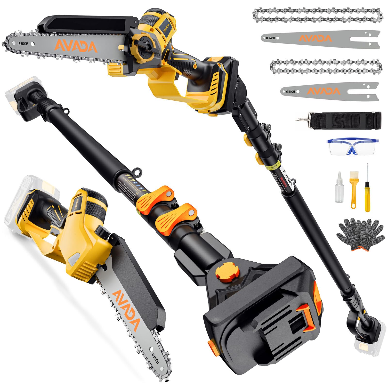 Photo 1 of **UNTESTED**
2-IN-1 Cordless 8-Inch Pole Saw & Chainsaw for De-WALT 20V MAX Battery - 1200W Brushless Motor, Total Reach of Max 15.9 FT, Lightweight, 8"&6"Electric Pole Saws for Tree Trimming Pruning (Tool Only)
