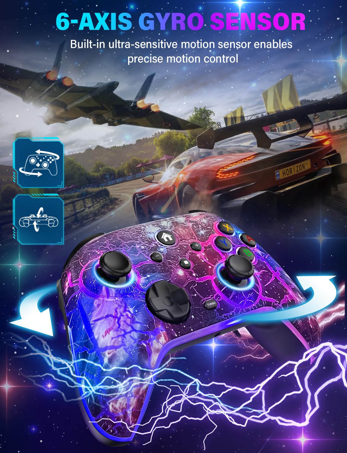 Wireless Switch Pro Controller - Compatible with Nitendo Switch/OLED/Lite, 1200mAh Rechargeable Switch Controllers with 8 Colors LED & Cool Nebula Design, Wake Up, Turbo, Vibration, Motion Control