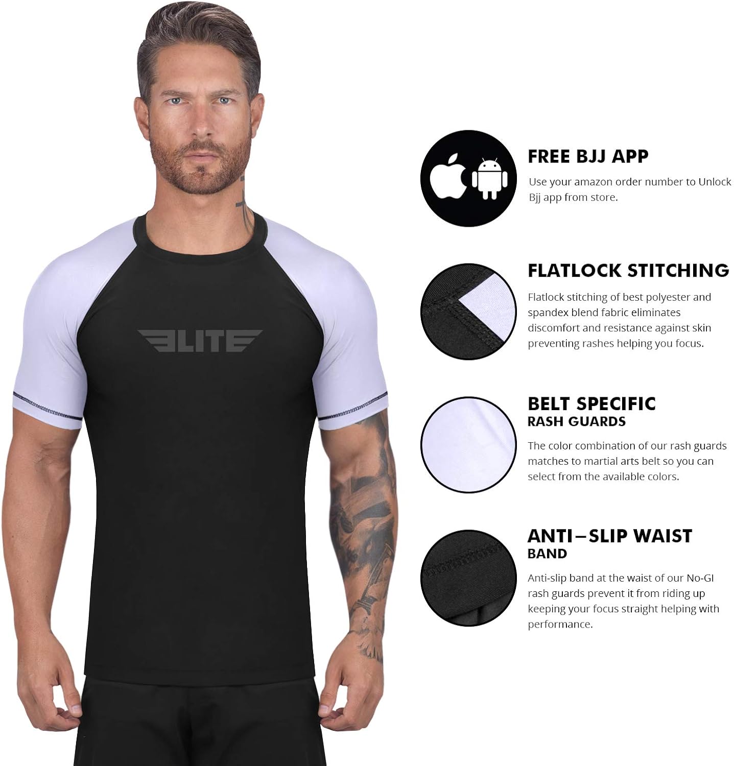 Elite Sports BJJ Jiu Jitsu Rash Guards, Men’s BJJ, No GI, MMA Ranked Short Sleeve Compression Base Layer Rash Guard : Clothing