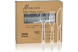 MOACOCK 300 Count Clear Plastic Silverware, Heavy Weight Plastic Forks Spoons Knives Disposable Utensils Cutlery Set for Wedding Party Supplies Everyday Use