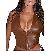 Floerns Women's Y2K PU Leather Halter Neck Hook Eye Backless Asymmetrical Party Crop Tank Top