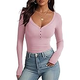 Meetrendi Women's Long Sleeve V Neck Shirt Sexy Henley Tight Slim Fitted Going Out Top Ribbed Button Fall Fashion 2025