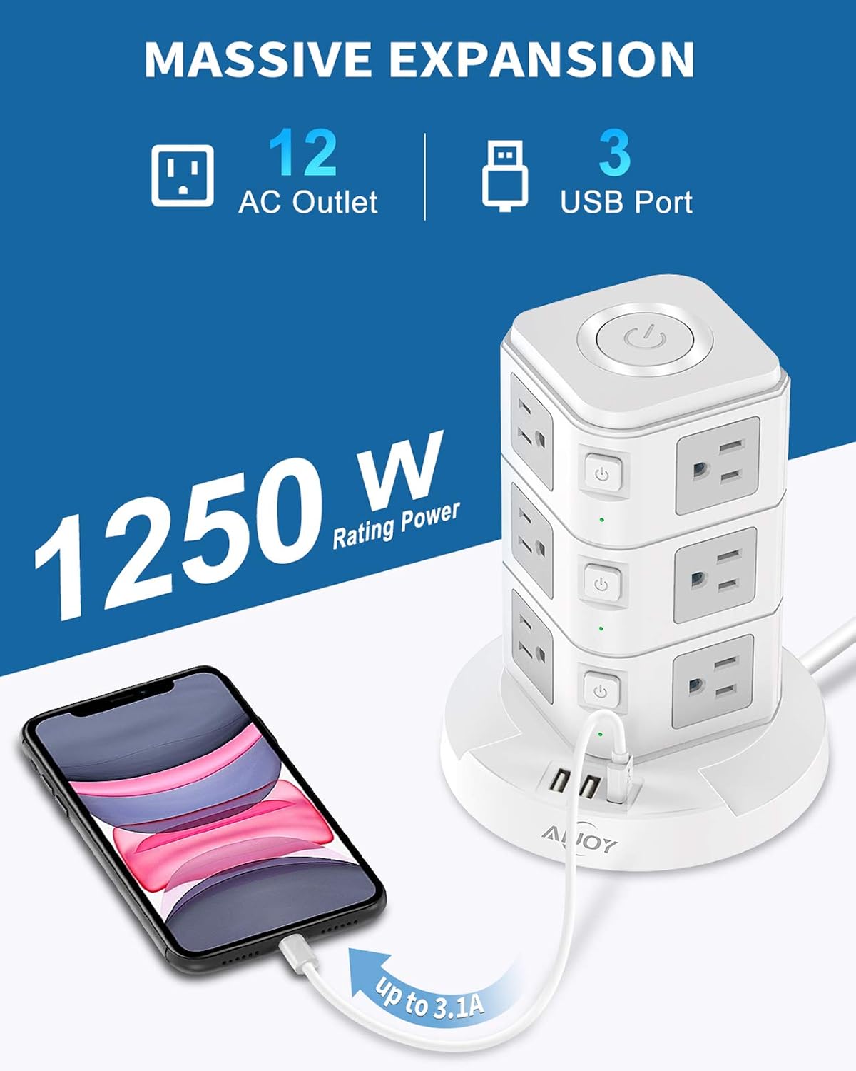 AiJoy Surge Protector USB Power Strip Tower with Top Night Light,10ft Extension Cord with 12 Outlets,3 USB Ports(MAX 3.1A) and 3 Individual Switches, Fast Charging Station for Home and Office: Electronics