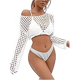 SHENHE Women's Crochet Hollow Out Drop Shoulder Sweater Sheer Long Sleeve Sweater Top