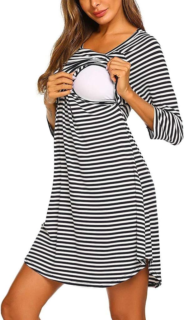 Mumustar Women's Maternity Dress Nursing Breastfeeding Hospital Bag Nightdress Shirt Striped Sleepwear Pyjamas Nightgown