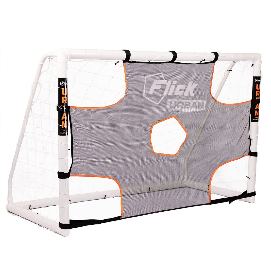 Flick Soccer/Football Urban Target Sheet – 5 scoring target zones – Football Training Net for Penalty Shootouts – Fits all 12 Foot x 6 Foot uPVC Goals – Detachable, Black & Orange