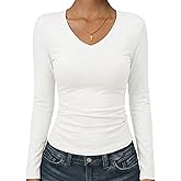Mosocow Long Sleeve Shirts for Women Cotton Jersey V Neck Going Out Tops Slim Fit Fall Casual Basic Tee