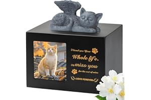 DiDiBirDi Pet Urn for Cat Ashe, Black Wooden Keepsake for Hair, Memory Box with Resin Animal Statue and Sealed Storage Bags (